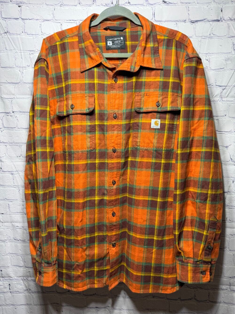 Charhartt Mens Loose Fit Plaid Flannel Button Down Orange Sz XL Casual